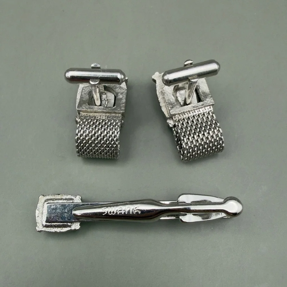 Swank Cufflinks Tie Clip Set Silver Tone Blue Rhinestone Mesh Wrap Men Accessory
